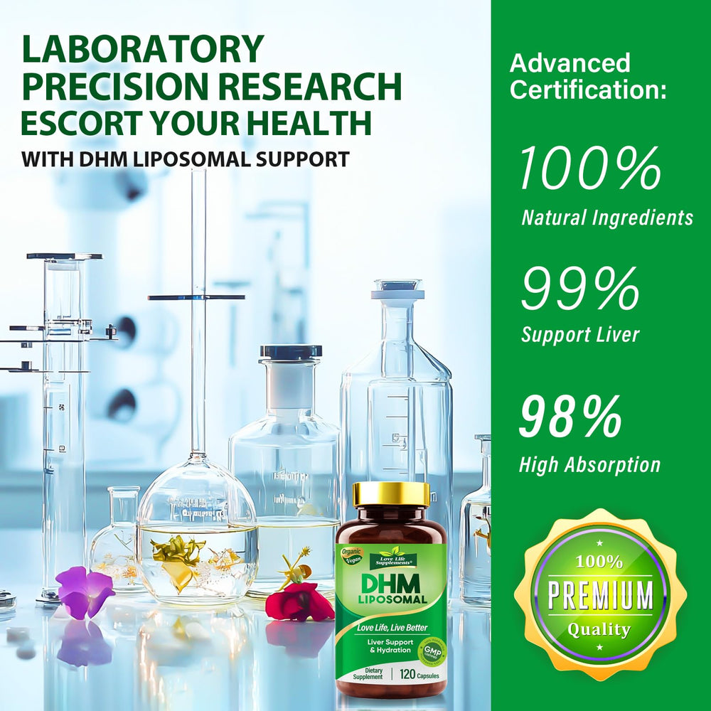 Love Life Supplements DHM usage guide shows simple two-capsule daily routine.