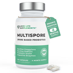 Love Life Supplements Multispore Plus bottle shown on kitchen counter for daily gut health support