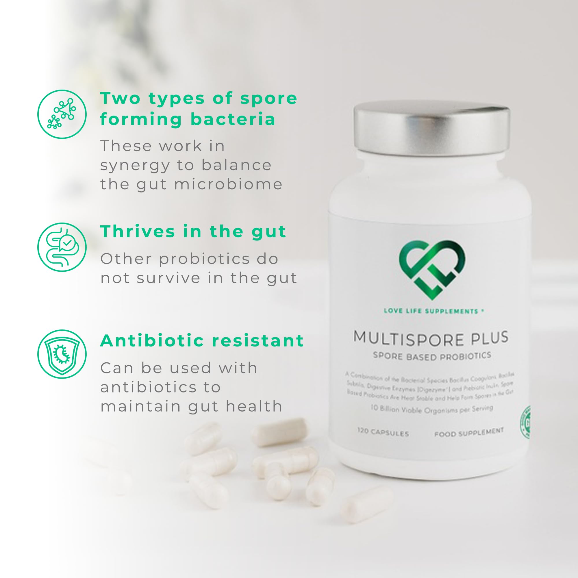 Close-up of Love Life Supplements Multispore Plus capsules highlighting convenient daily probiotic intake
