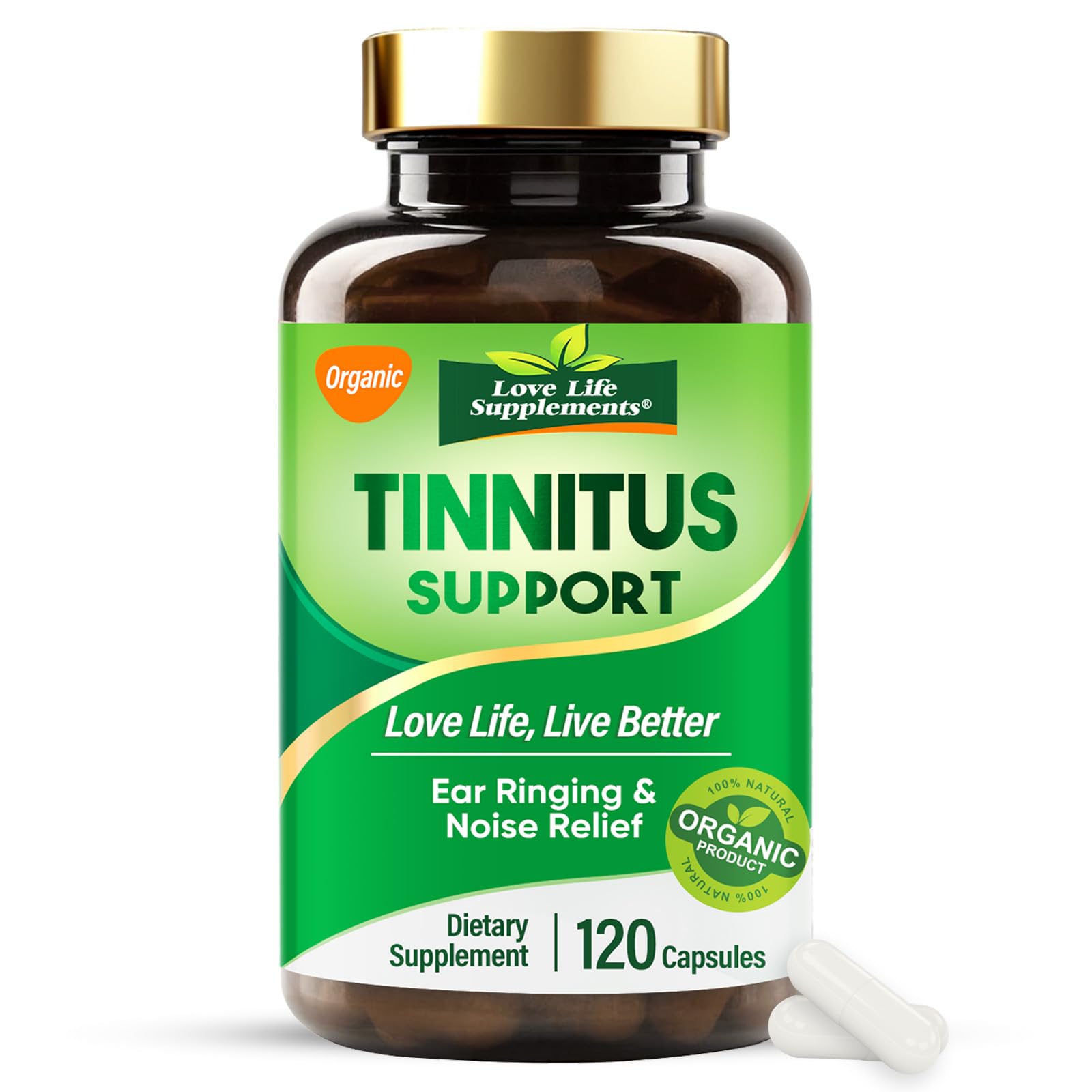 Love Life Supplements tinnitus relief bottle front for daily ear comfort.
