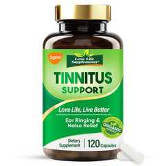 Love Life Supplements tinnitus relief bottle front for daily ear comfort.