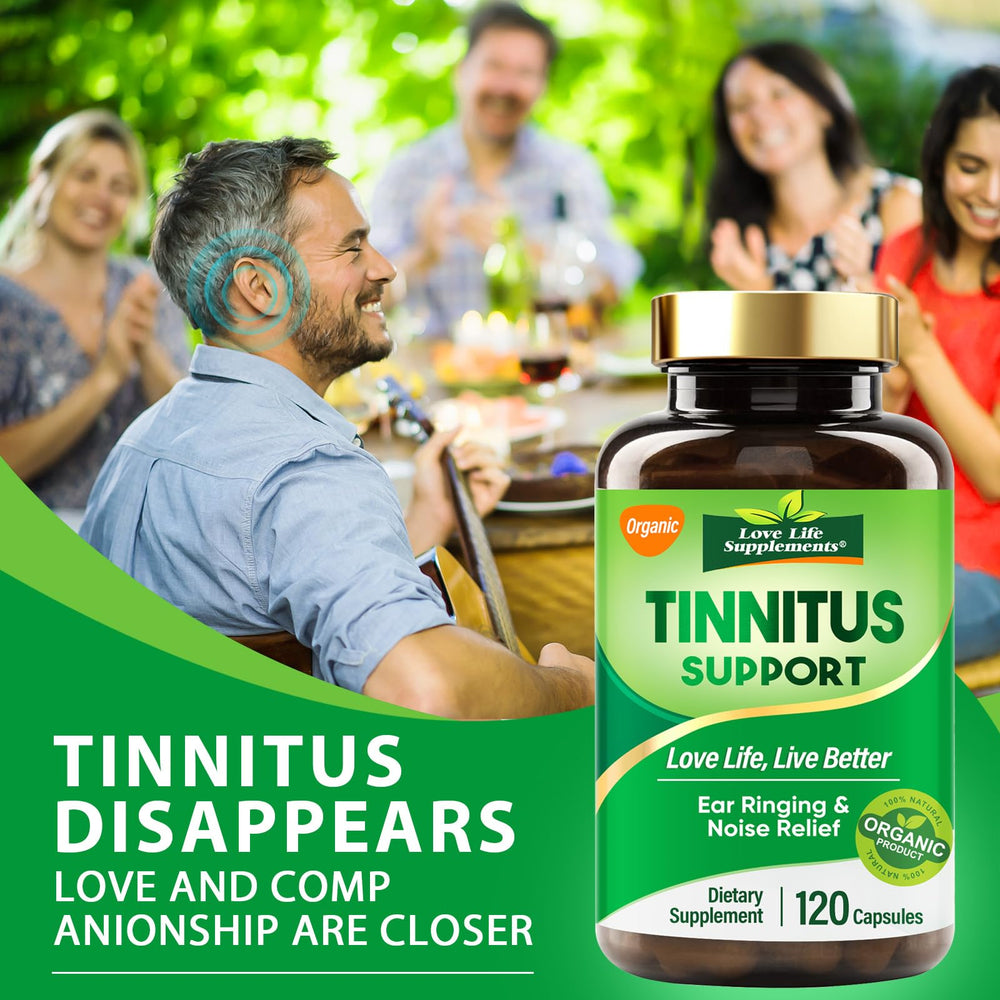 Love Life Supplements tinnitus relief bottle label highlights 1200mg formula.