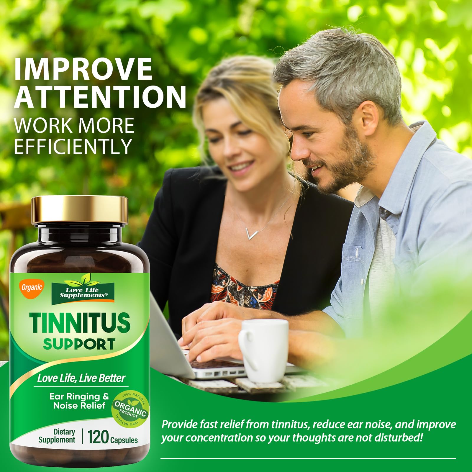 Love Life Supplements tinnitus relief pour bottle demonstrates simple daily dosing.