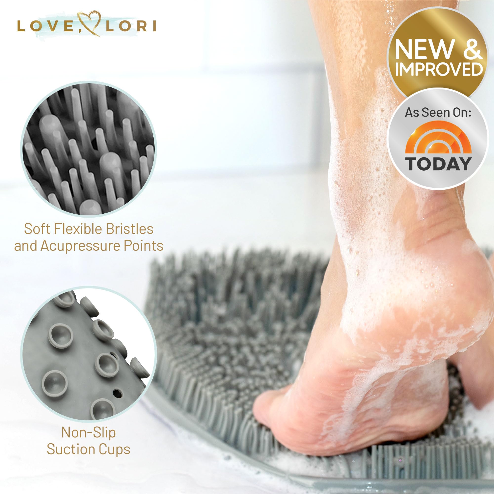 LOVE, LORI back scrubber in shower reaching tough spots for smoother skin.
