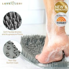 LOVE, LORI back scrubber in shower reaching tough spots for smoother skin.