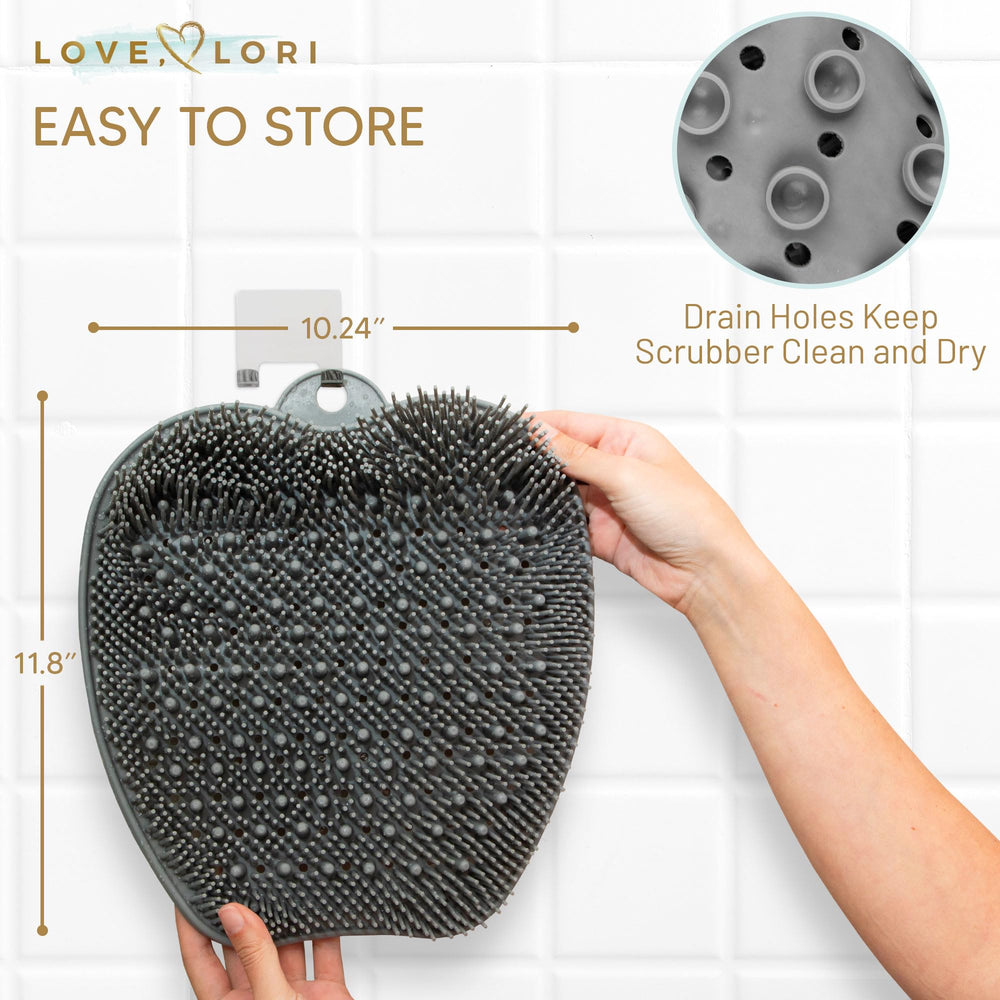 LOVE, LORI bathroom-friendly silicone scrubber easy to clean and dry.