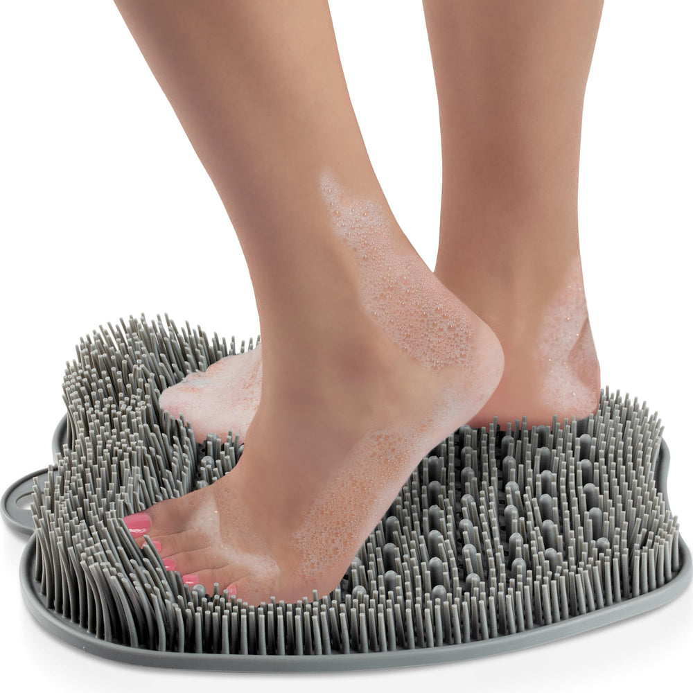 LOVE, LORI foot scrubber in shower showing thorough cleaning between toes.