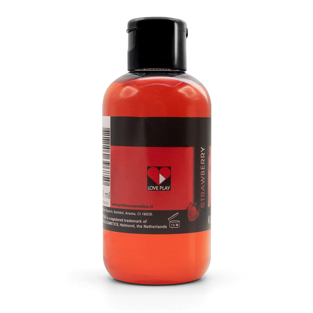 LOVE PLAY Kissable Oil with strawberry flavor enhances intimate moments.