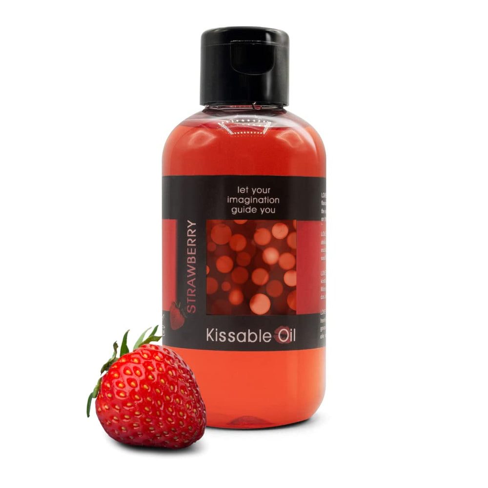 LOVE PLAY Strawberry Flavored Full Body Oil, kissable skin with warmth.