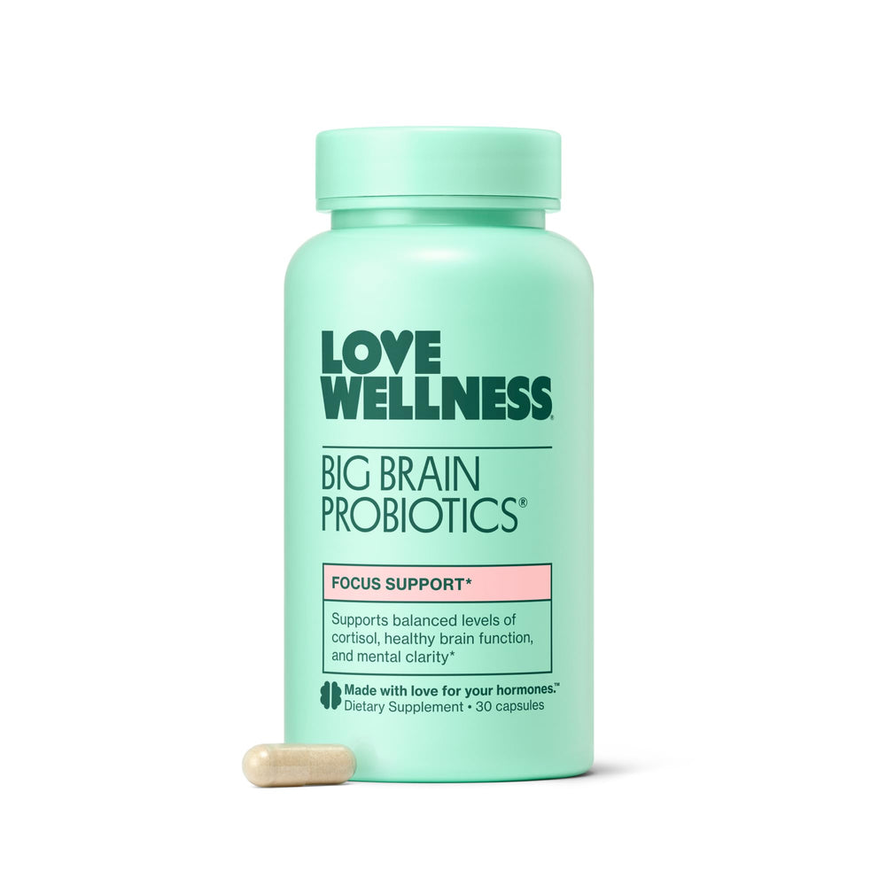 Love Wellness Big Brain Probiotics bottle front for brain support and branding.