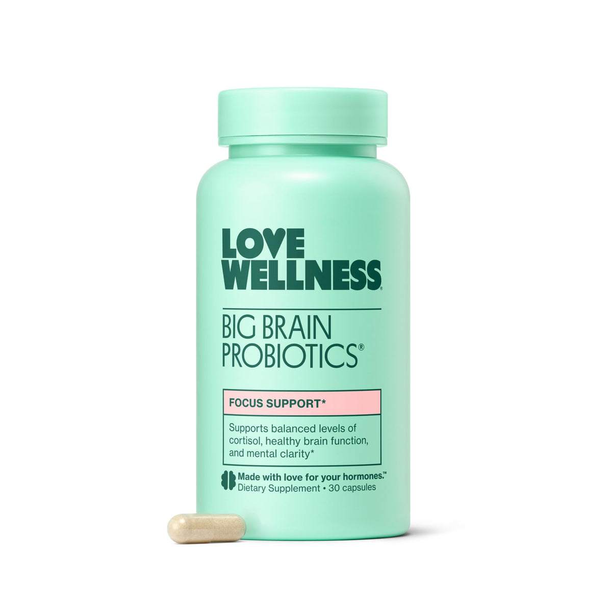 Love Wellness Big Brain Probiotics bottle front for brain support and branding.
