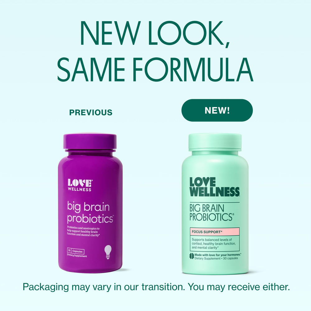 Love Wellness Big Brain Probiotics capsules in a clear bottle for daily use.