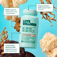 Love Wellness Big Brain Probiotics graphic illustrating gut-brain connection and cognitive support.