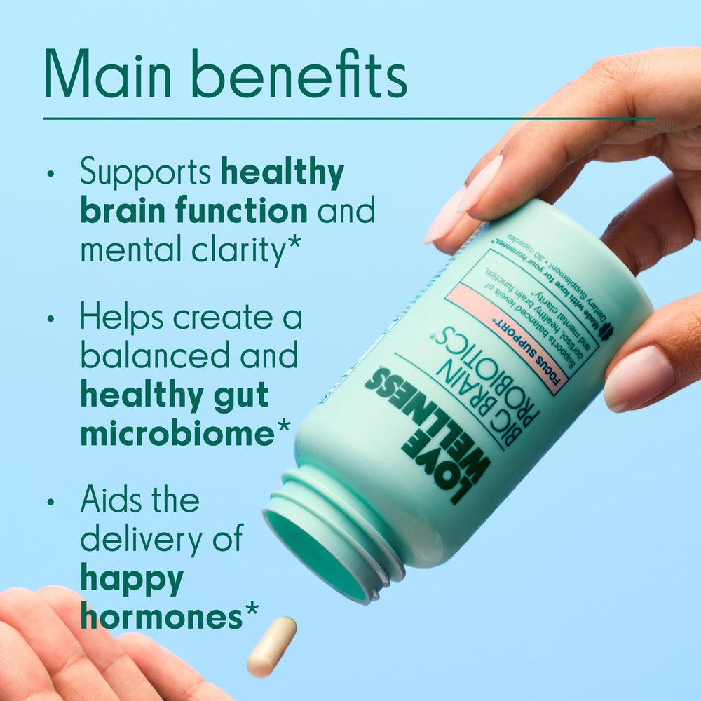 Love Wellness Big Brain Probiotics label close-up showing ingredients and vegan formula.