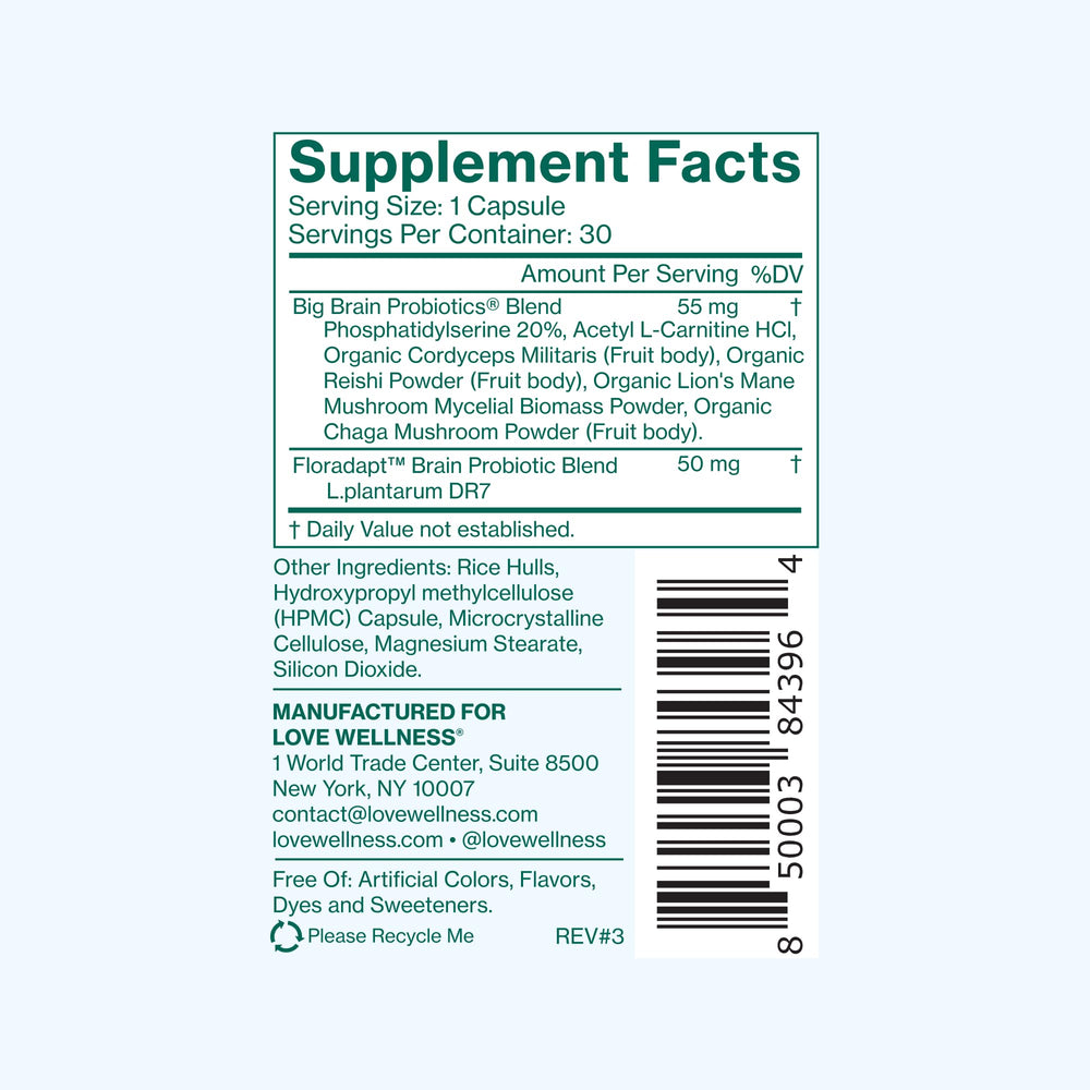 Love Wellness Big Brain Probiotics packaging highlighting non-GMO and dairy-free features.