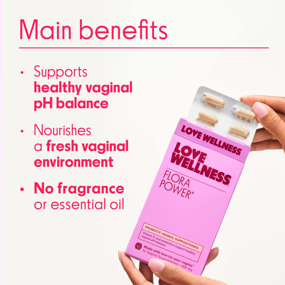 Love Wellness boric acid close-up underscores targeted pH balance support.