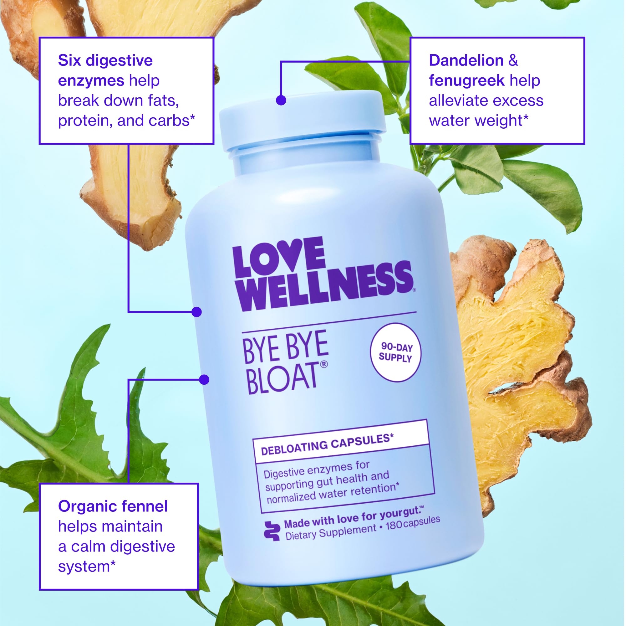 Bye Bye Bloat 90 servings highlights long-term digestive support