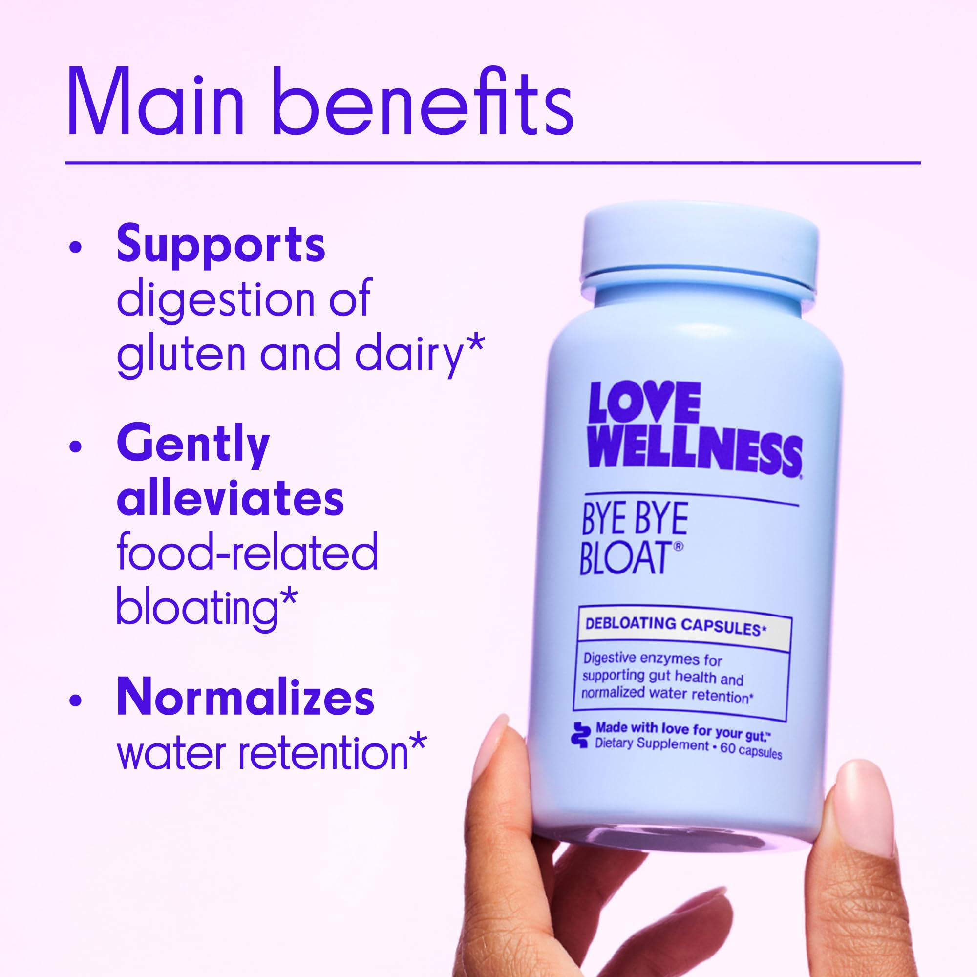 Love Wellness Bye Bye Bloat capsules after meals promote post-meal comfort.