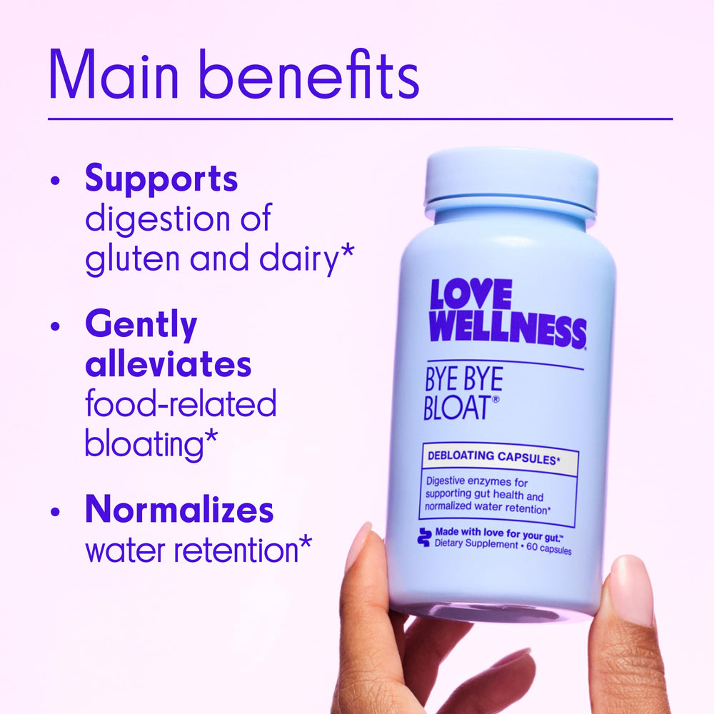 Love Wellness Bye Bye Bloat capsules after meals promote post-meal comfort.