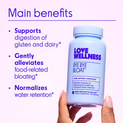 Love Wellness Bye Bye Bloat capsules after meals promote post-meal comfort.