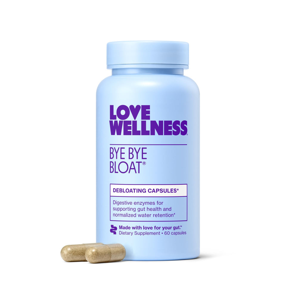 Love Wellness Bye Bye Bloat bottle front view for quick after-meal relief.