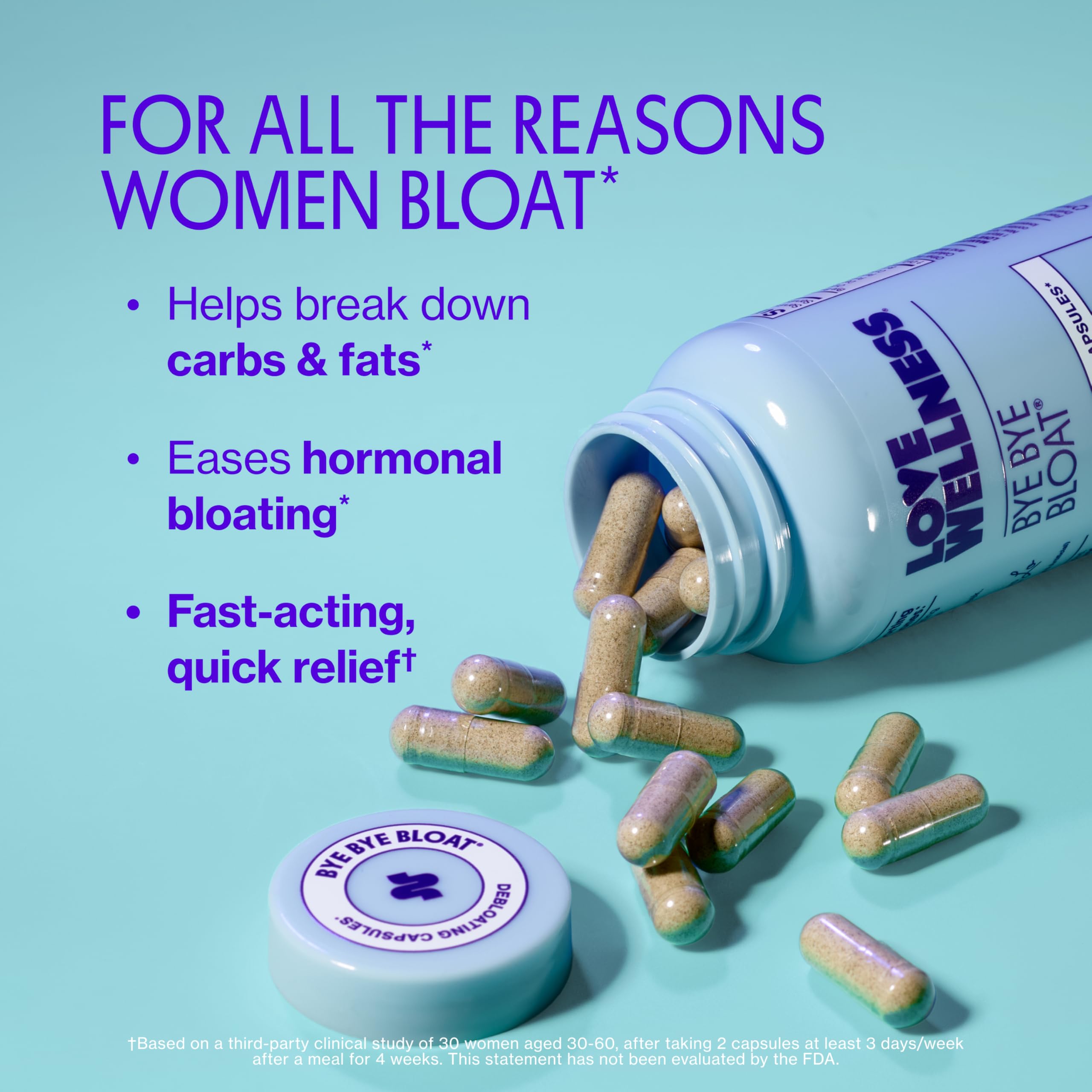 Love Wellness Bye Bye Bloat bottle nutrition facts close-up supporting digestion.