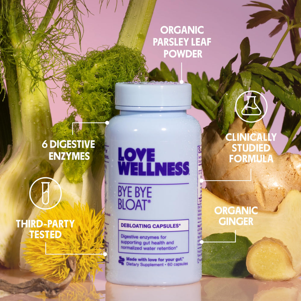 Love Wellness Bye Bye Bloat capsules close-up highlighting gentle post-meal support.