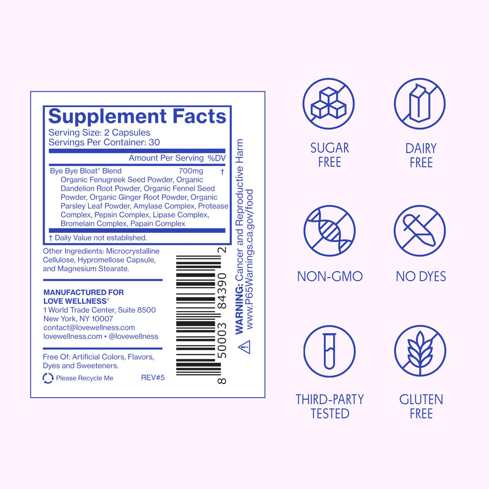Love Wellness Bye Bye Bloat capsules opened, powder ready to mix into beverages.