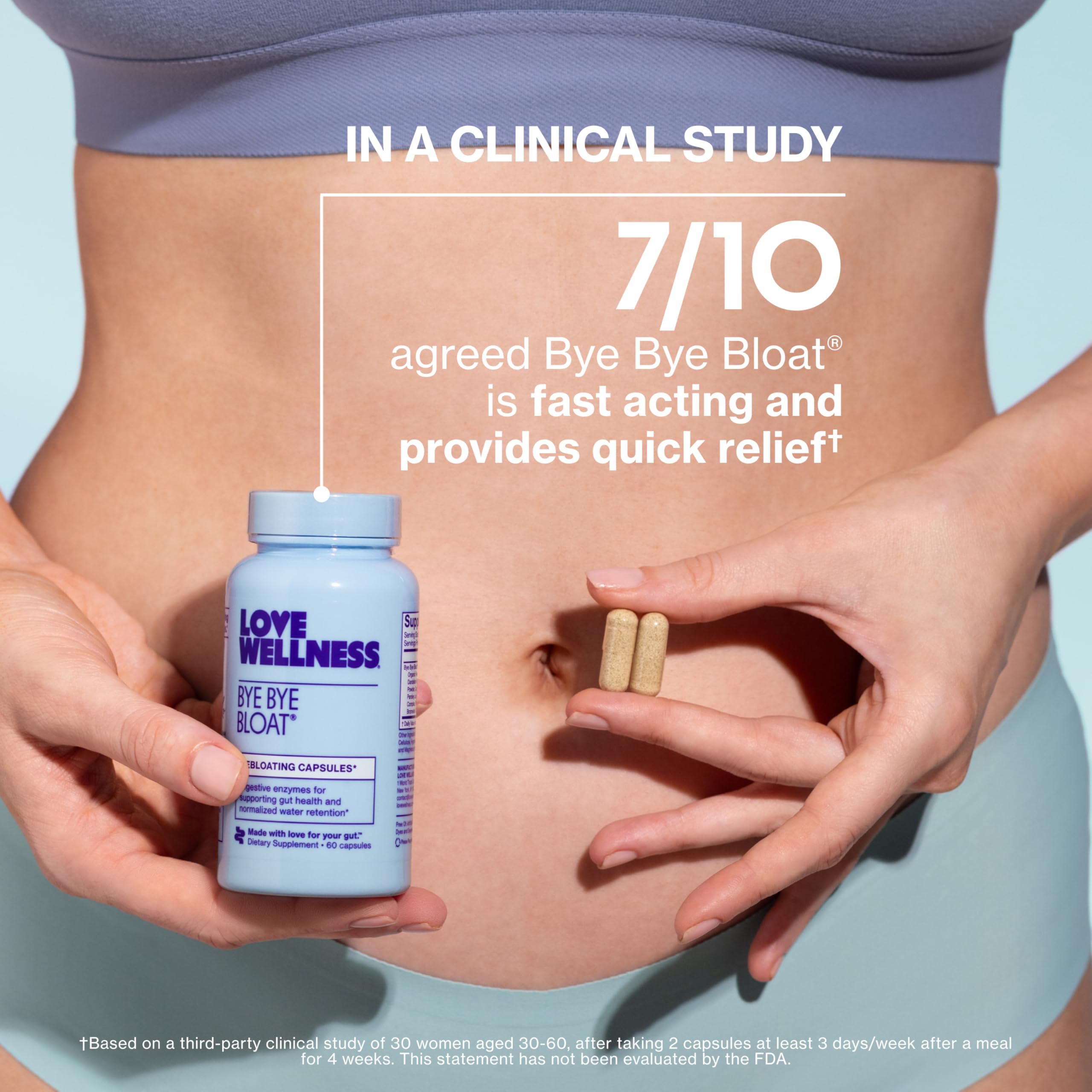 Love Wellness Bye Bye Bloat digestive enzymes and herbs in an organized list.