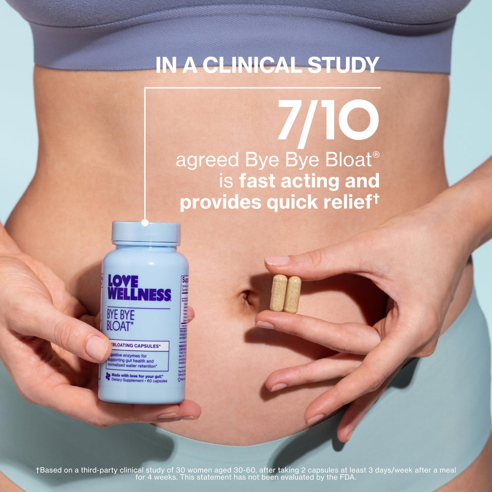 Love Wellness Bye Bye Bloat digestive enzymes and herbs in an organized list.