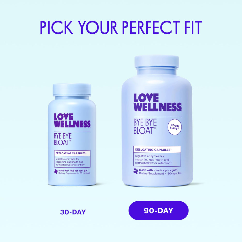 Love Wellness Bye Bye Bloat bottle held in hand for everyday wellbeing routine.