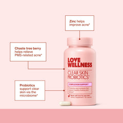 Love Wellness Clear Skin Probiotic capsule with Bifidobacterium Longum for gut-skin balance.
