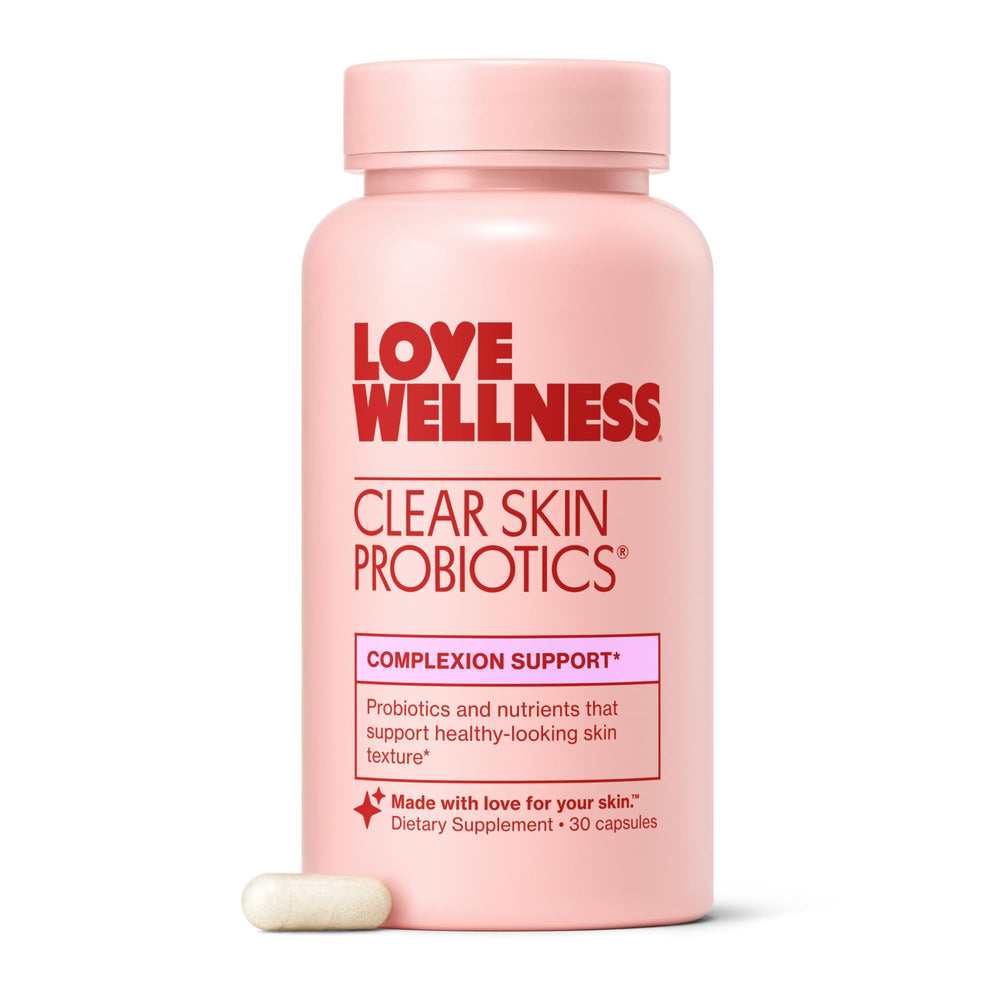 Love Wellness Clear Skin Probiotic bottle front for daily skin support.