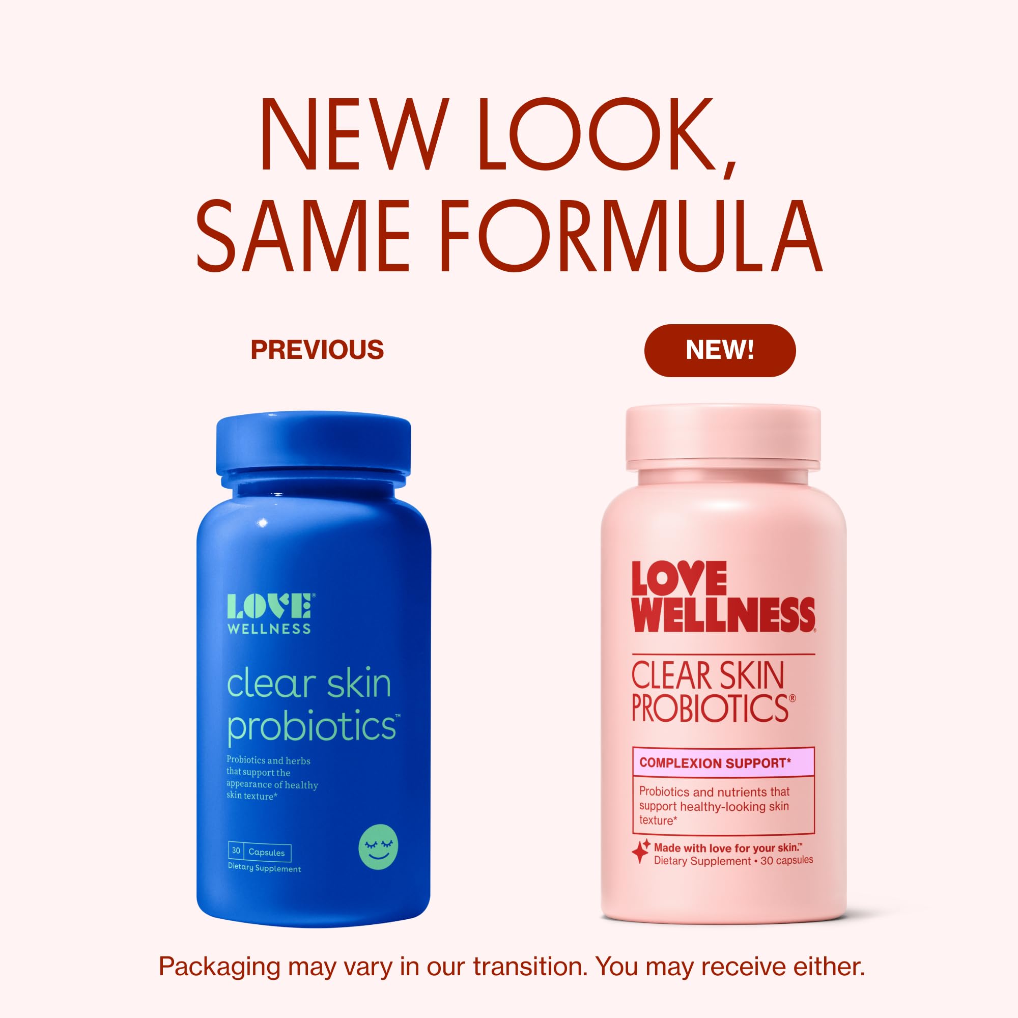 Love Wellness Clear Skin Probiotic capsule close-up for easy daily intake.