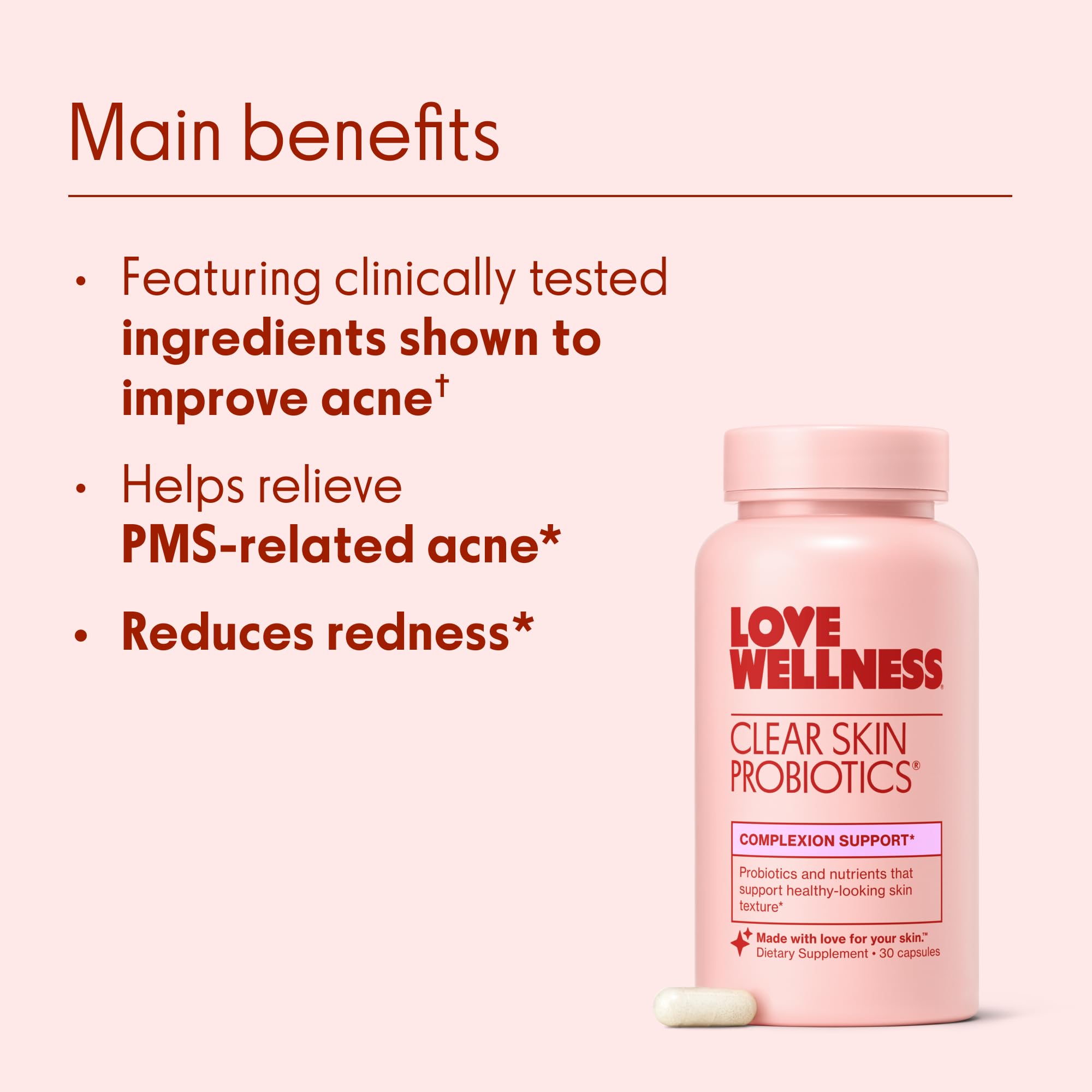 Love Wellness Clear Skin Probiotic zinc ingredient highlight for skin support.