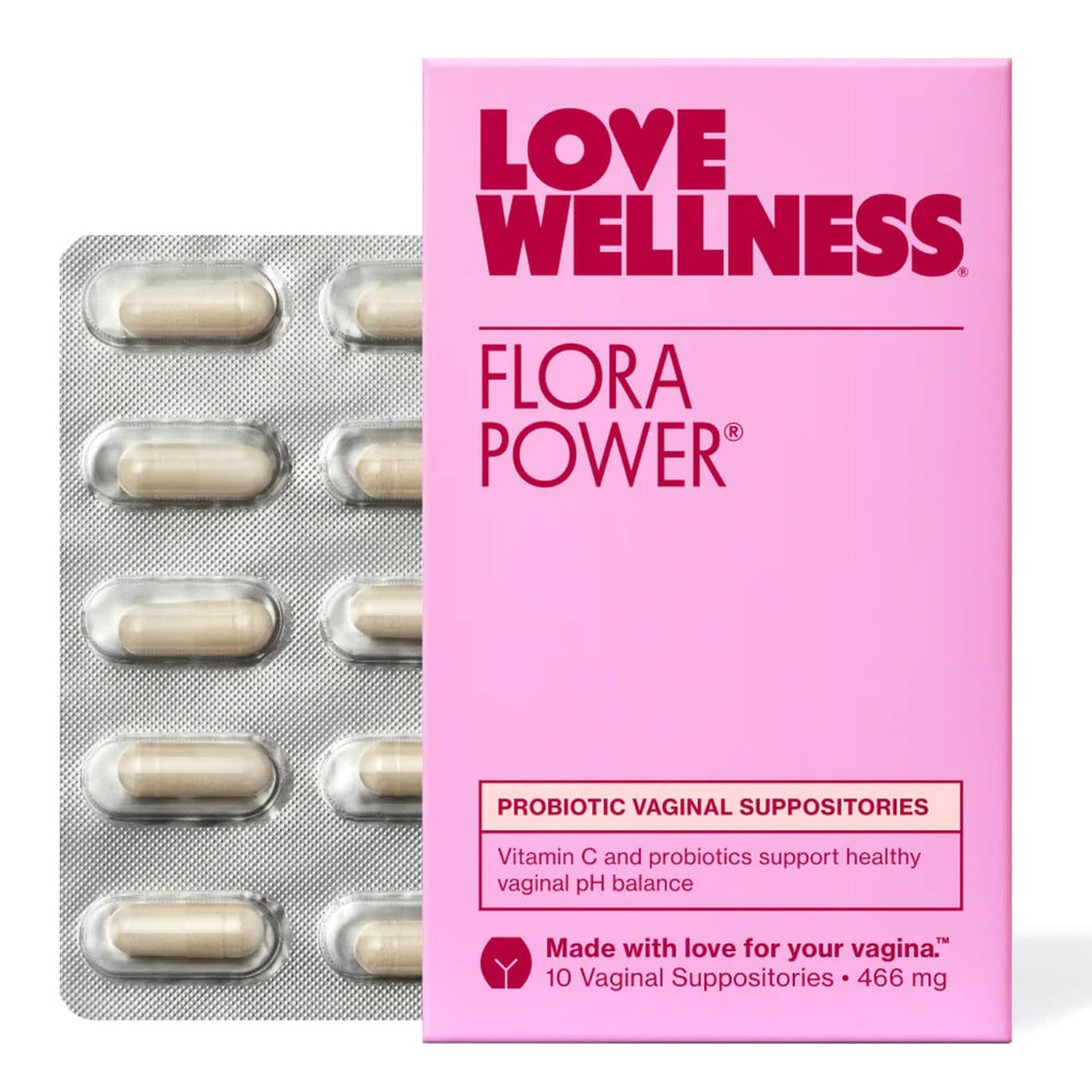 Love Wellness Flora Power box front showing fragrance-free vaginal probiotic packaging.