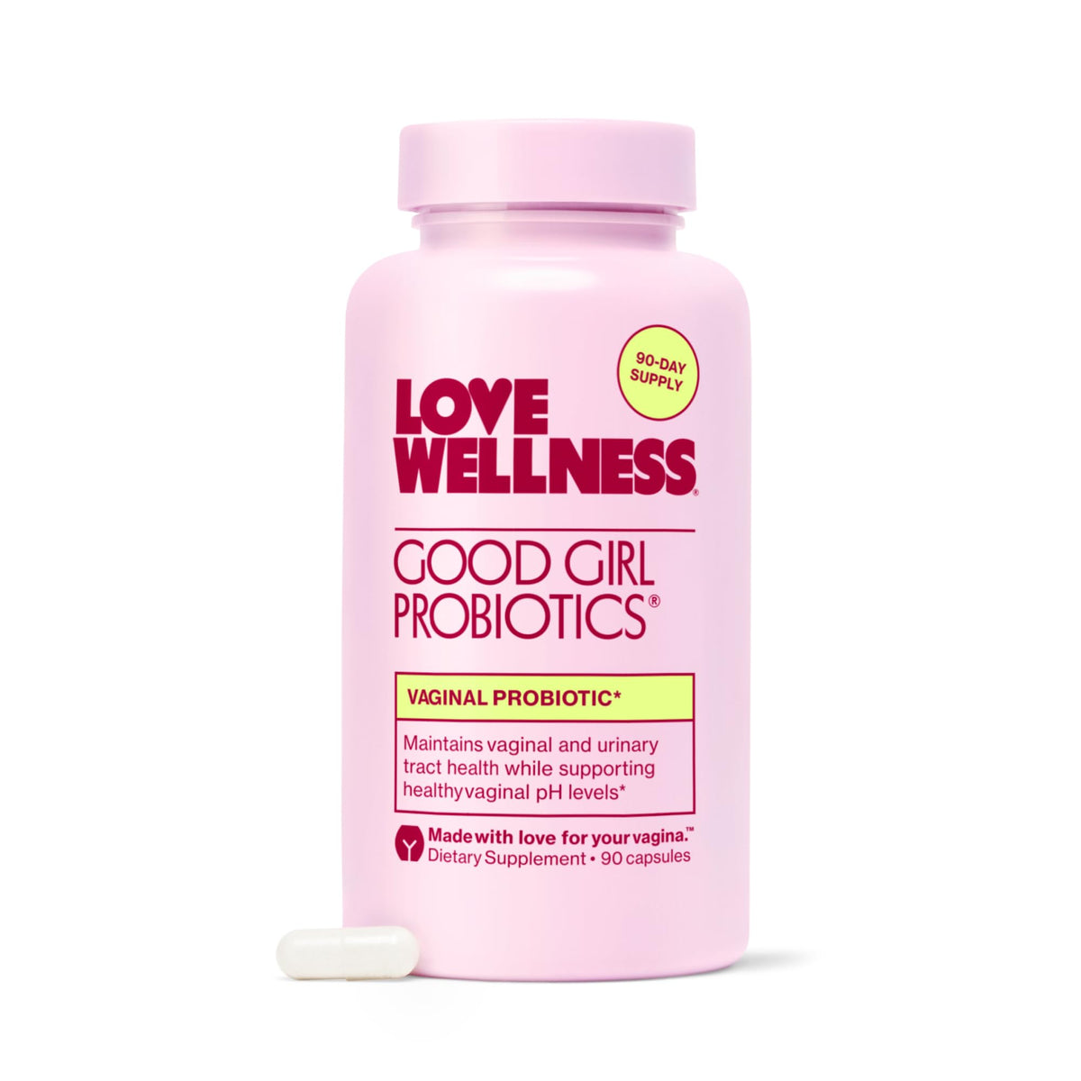 Love Wellness Good Girl Probiotics bottle front view shows 9 strains for vaginal balance