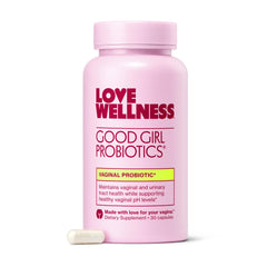 Love Wellness Good Girl Probiotics bottle on a shelf for daily feminine health.