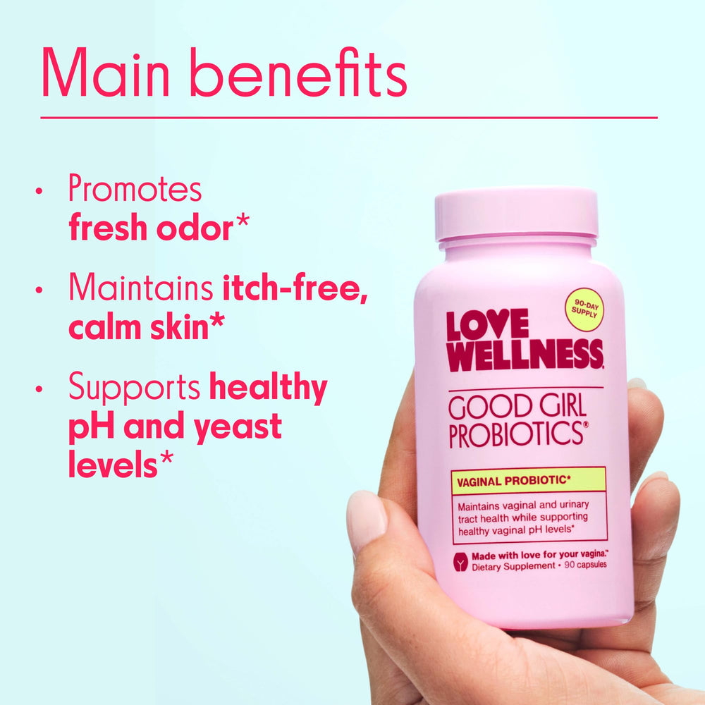 Love Wellness Good Girl Probiotics bottle side view highlights vegan capsule and gluten-free formula