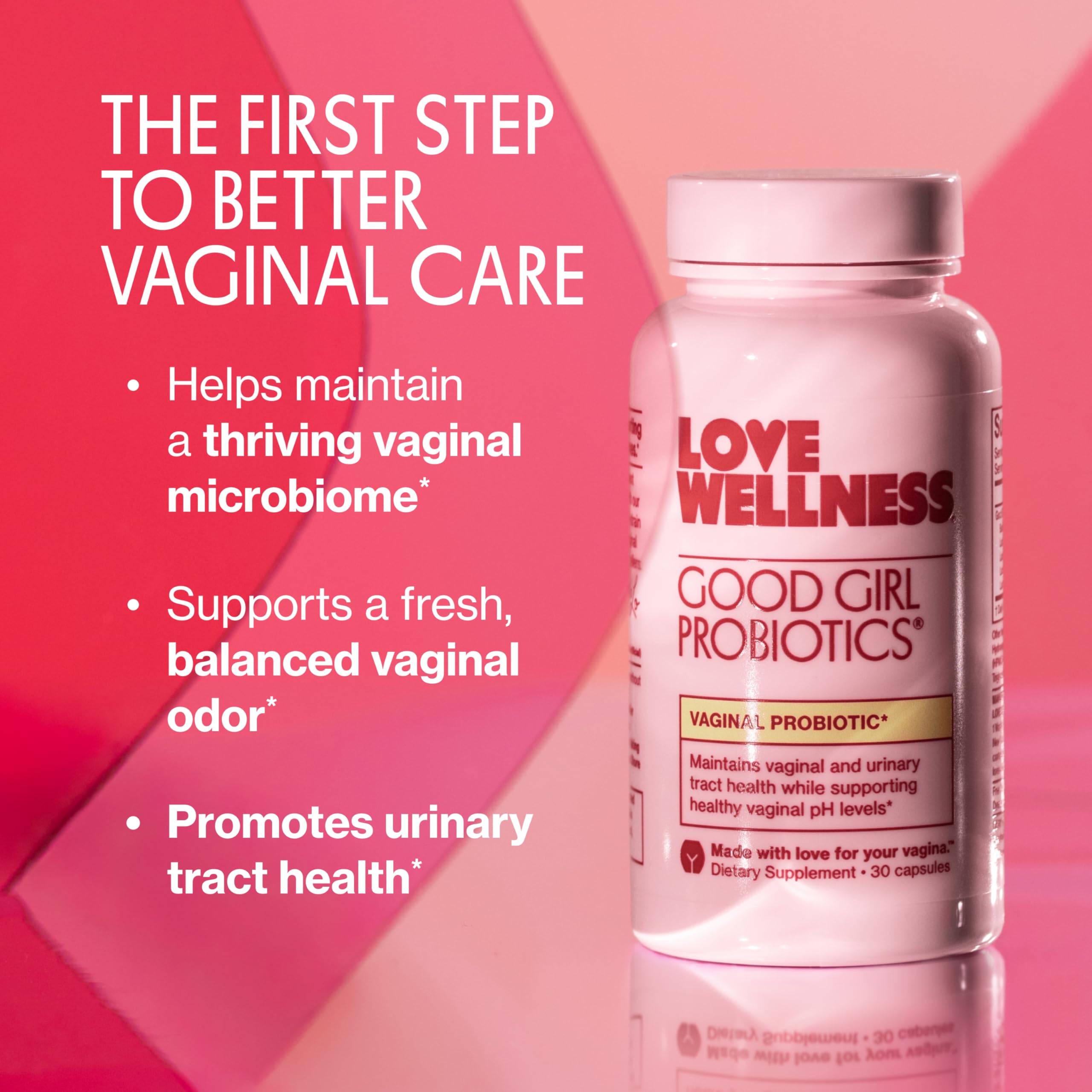 Closeup label of Love Wellness Good Girl Probiotics shows 9 strains for balance.