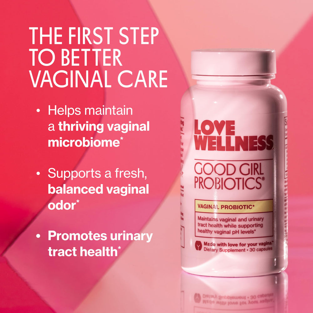 Closeup label of Love Wellness Good Girl Probiotics shows 9 strains for balance.
