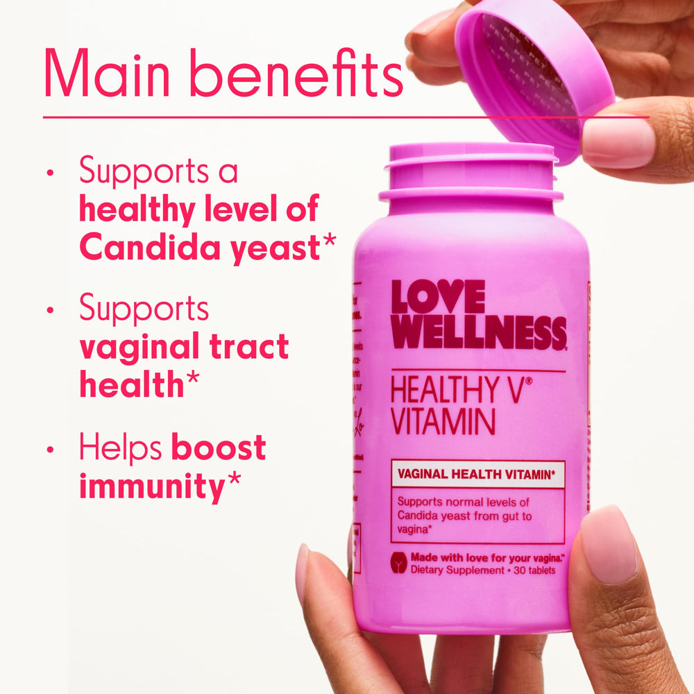 Love Wellness Good Girl Probiotics close-up showing nine strains for microbiome support.