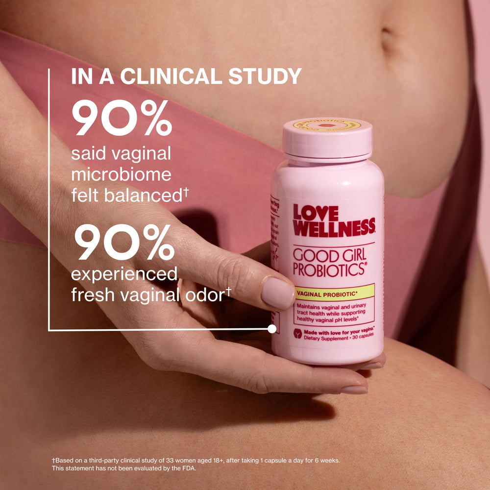 Daily-use Love Wellness Good Girl Probiotics bottle with water for routine use.