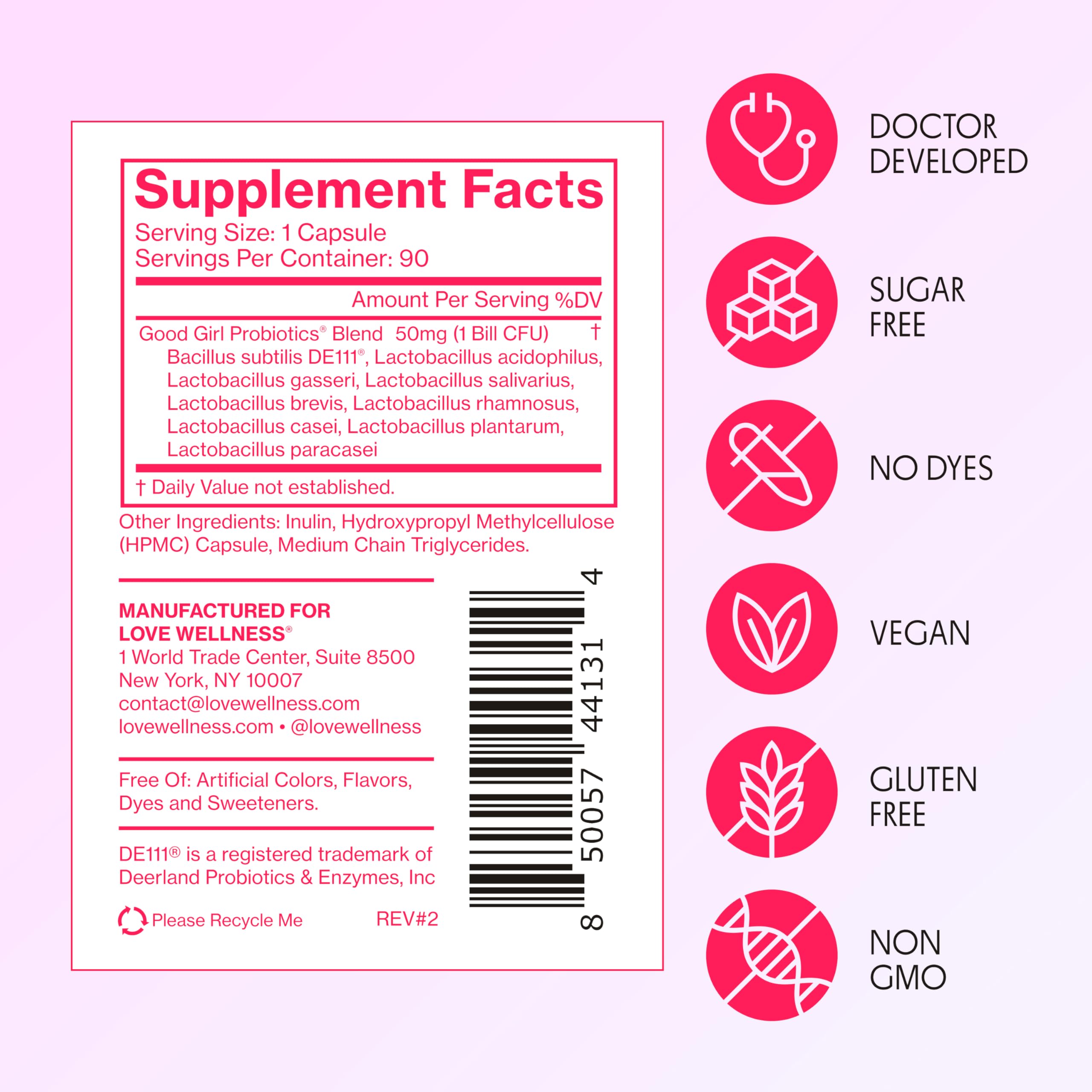 Love Wellness Good Girl Probiotics graphic highlights gluten-free and dairy-free attributes