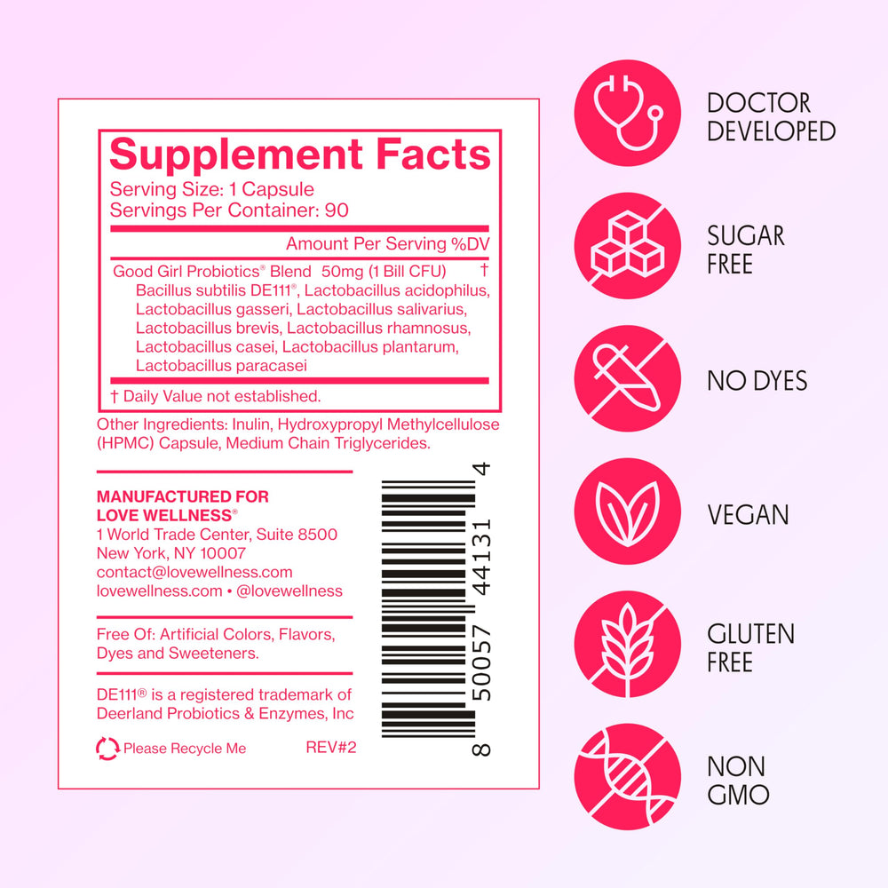 Love Wellness Good Girl Probiotics graphic highlights gluten-free and dairy-free attributes
