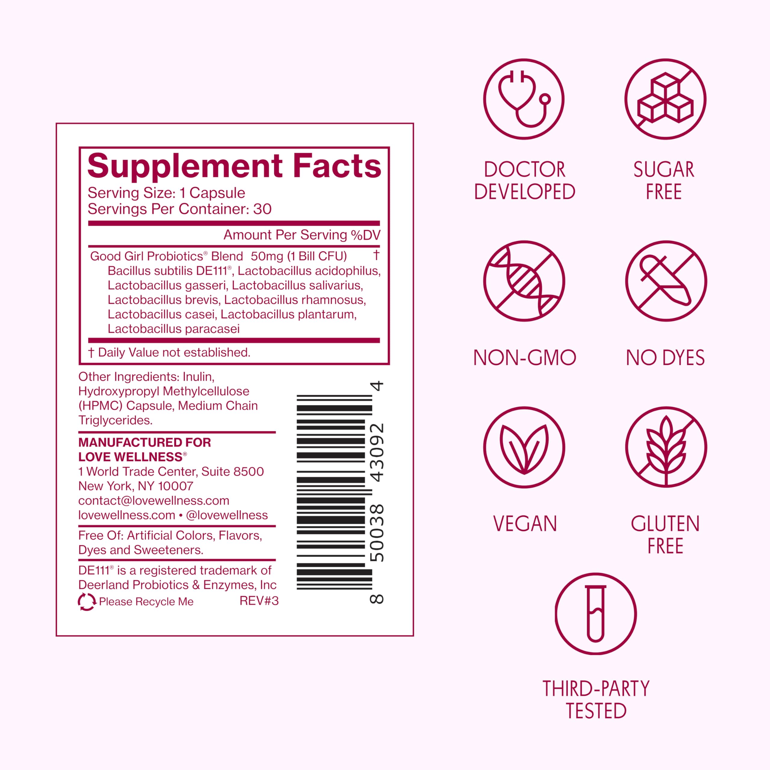 Ingredients emphasis on the DE111 strain for vaginal microbiome support.
