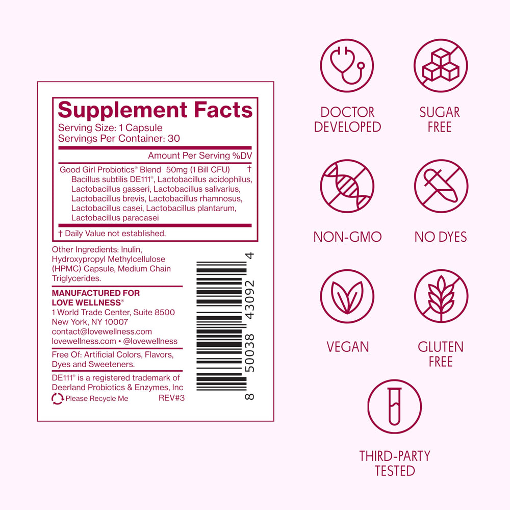 Ingredients emphasis on the DE111 strain for vaginal microbiome support.