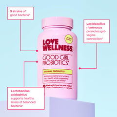Love Wellness Good Girl Probiotics packaging shot emphasizes 30-day supply