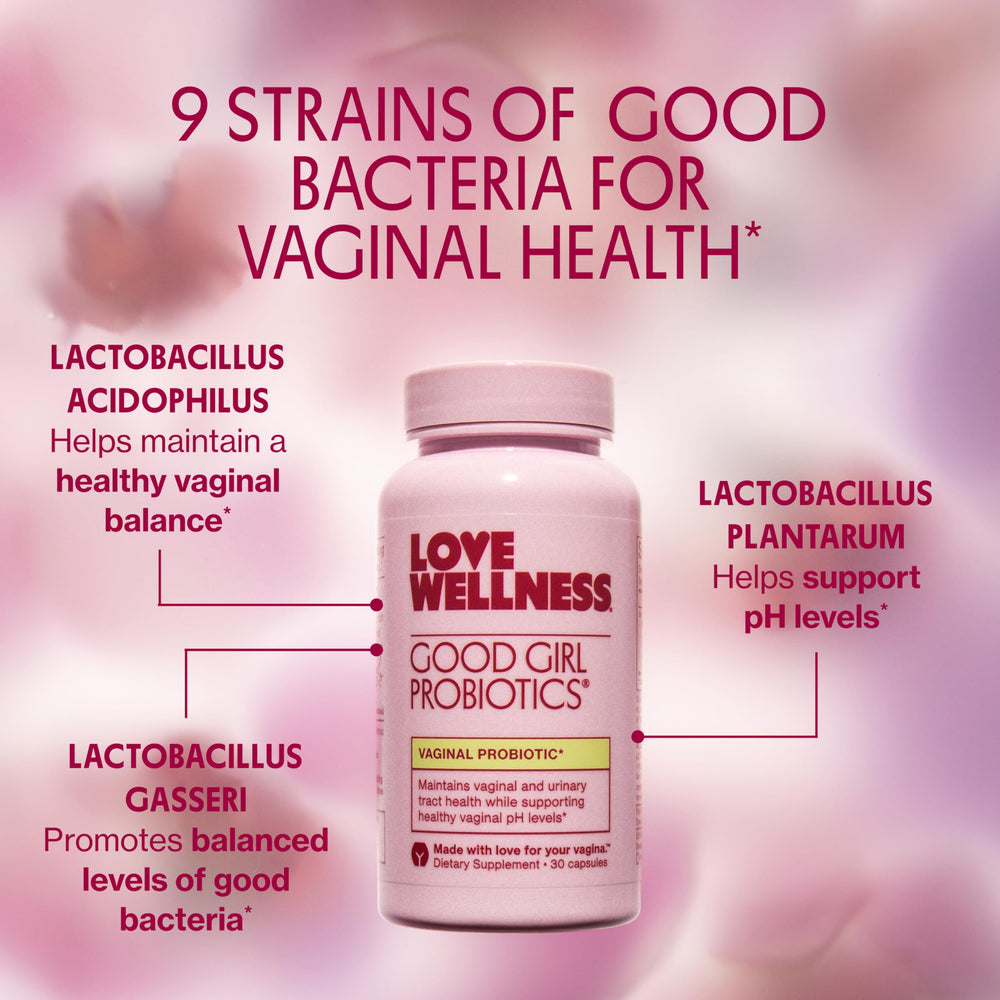 Vegan capsules of Love Wellness Good Girl Probiotics for a convenient daily routine.