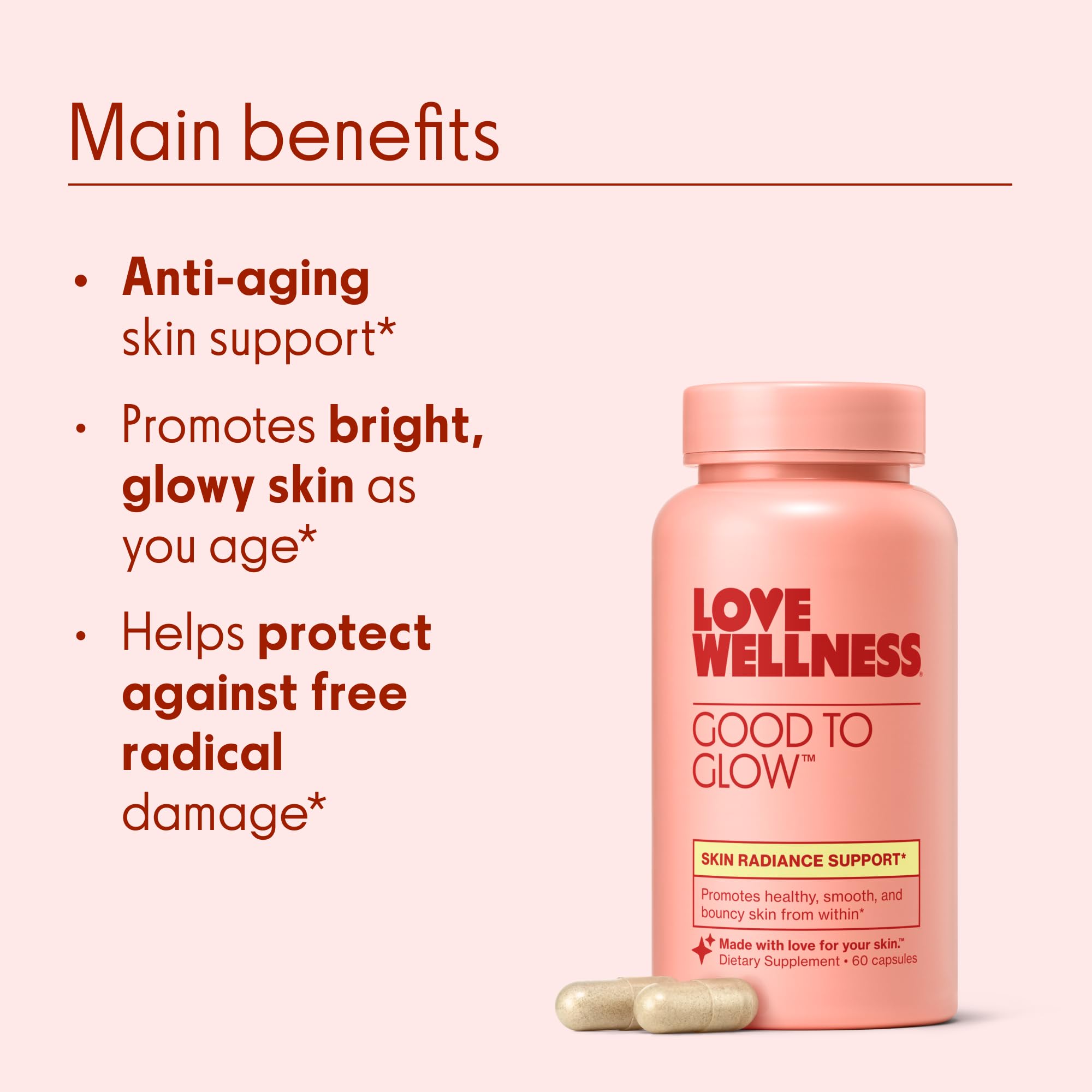 Love Wellness Good to Glow bottle closeup emphasizes clean, gluten-free formulation.